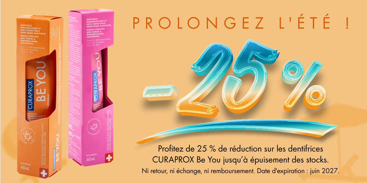 Prolongez l'été ! Profitez de 25 % de réduction sur les dentifrices CURAPROX Be You, dans la limite des stocks disponibles. Aucun retour, échange ou remboursement n'est accepté. Date d'expiration : juin 2027.